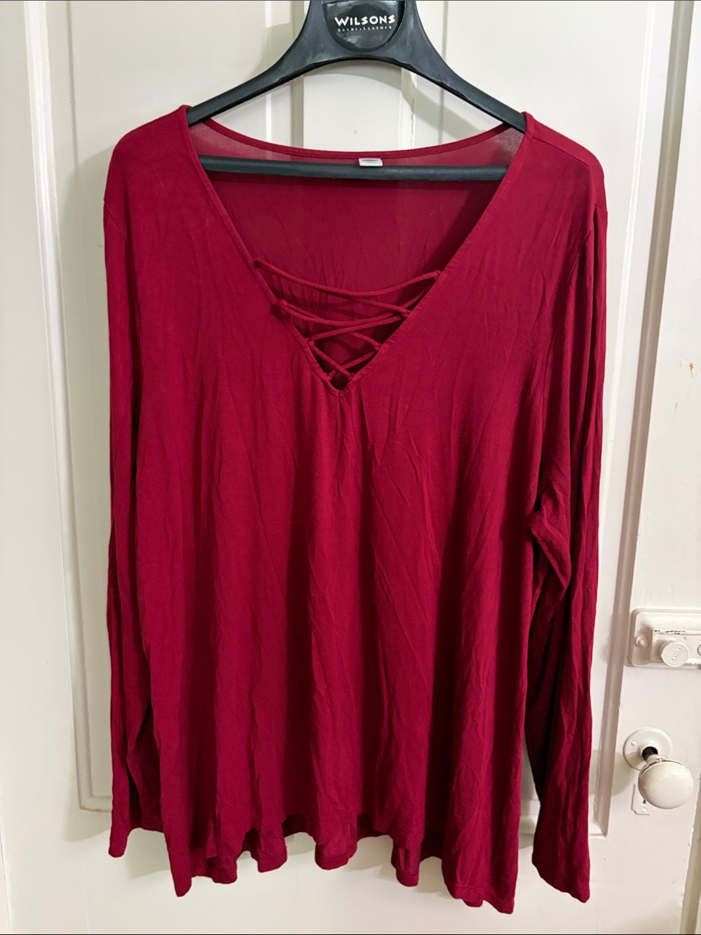 Old Navy Deep Red Lace-Up V‑Neck Long Sleeve Top
